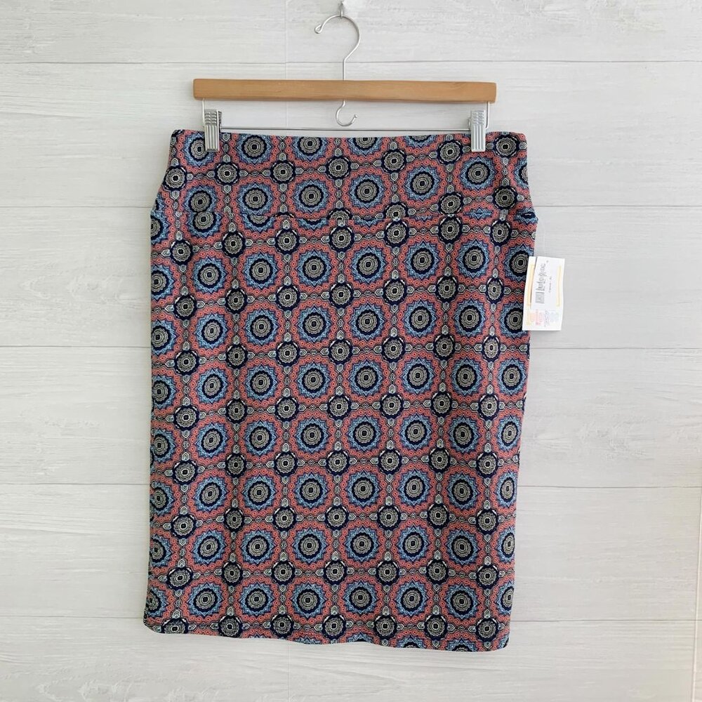 NWT Lularoe - CASSIE Blue pink geometric straight stretch pull on skirt, XL